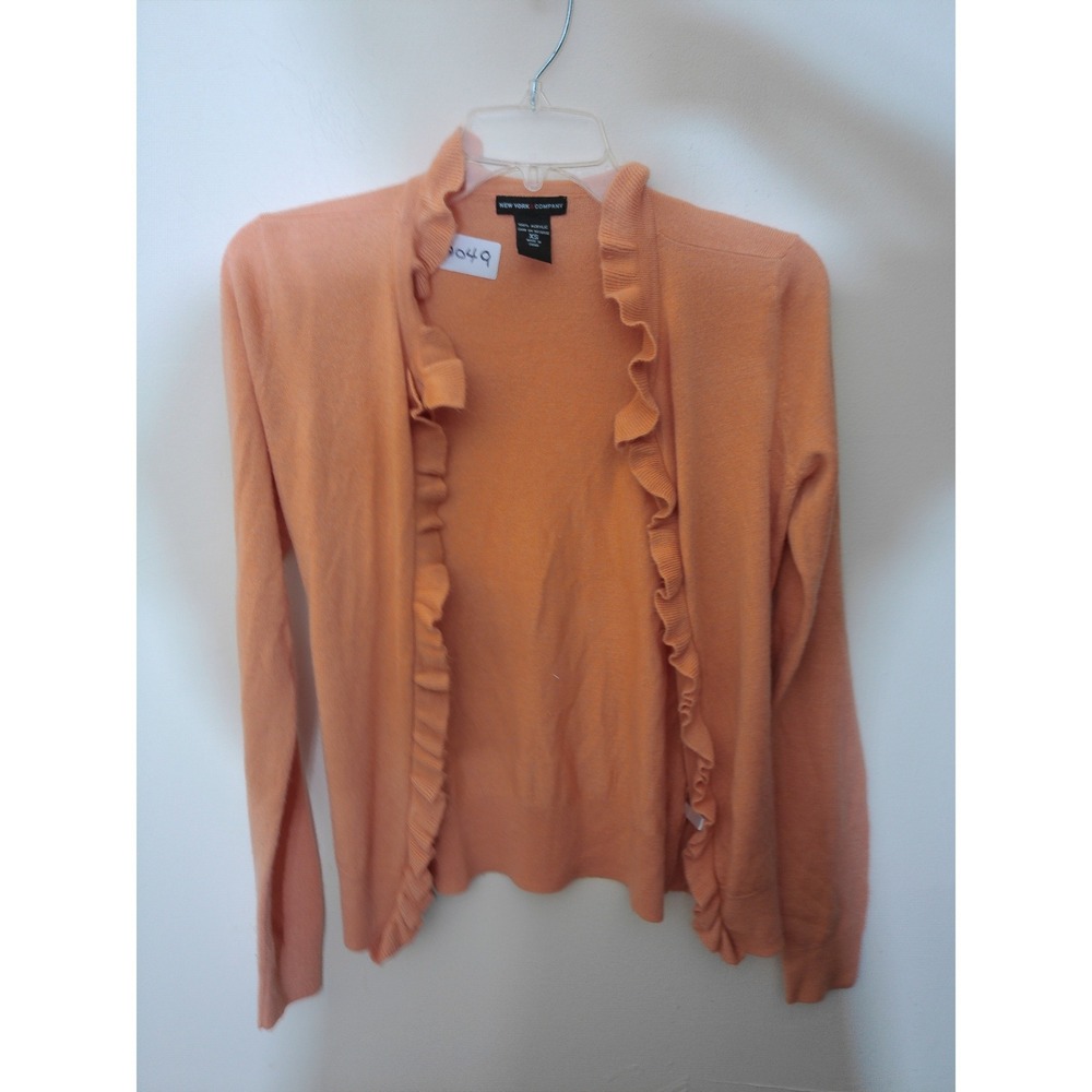 New York & Company Cardigan Womens XS Peach Ruffle Trim Open Front Knit Sweater
